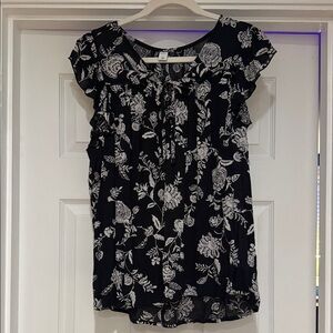 Old Navy Black Floral Tie-Front Short Sleeve Blouse